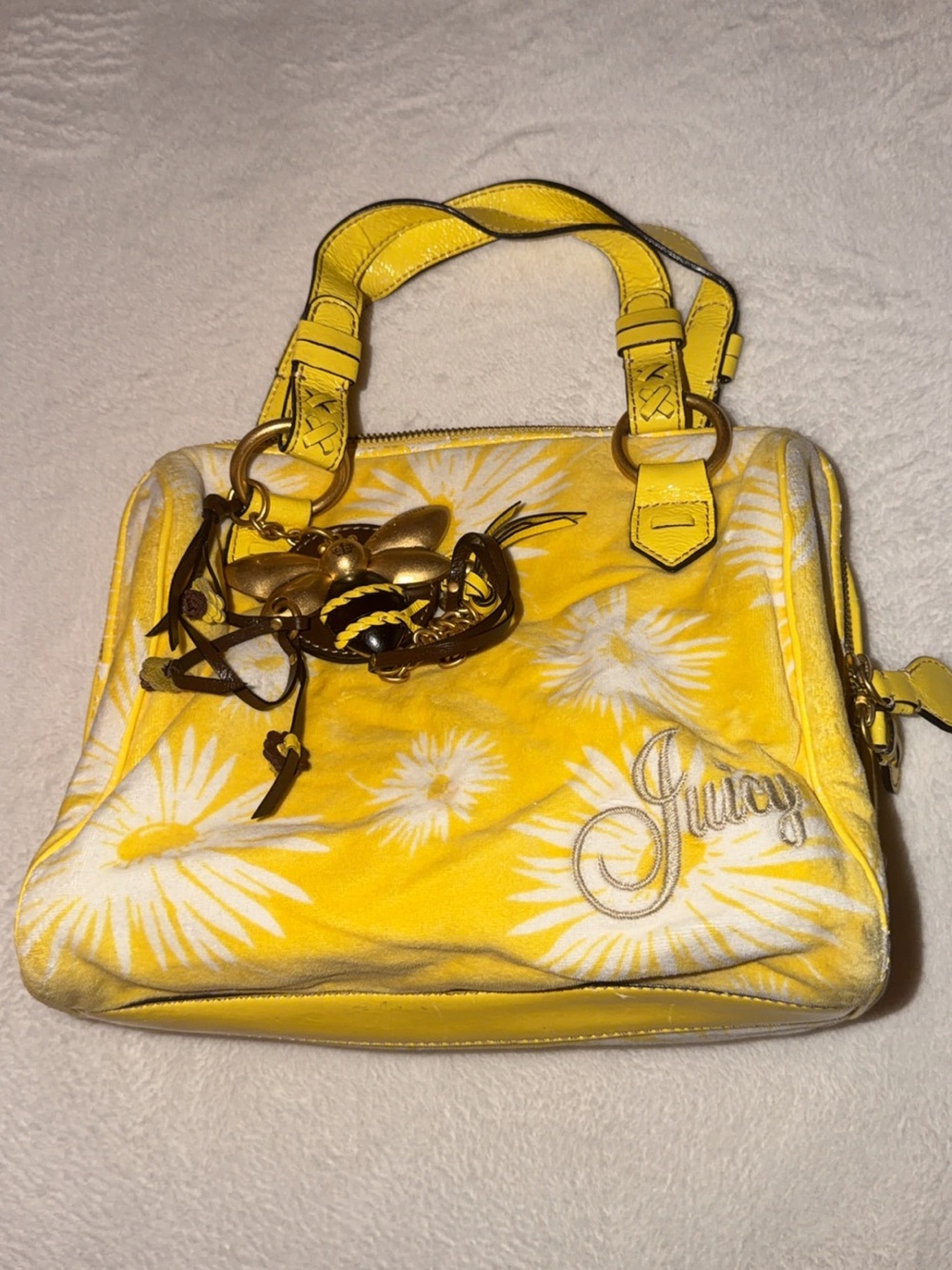 Vintage Juicy Couture Yellow Floral Velvet Satchel with Gold Hardware